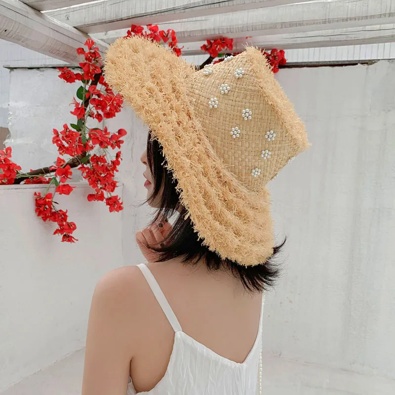 2021 Female Fashion Beach Raffia Sun Hats For Women Summer Flat UV Hats Party Caps Holiday Women\'s summer sundresses Straw hat