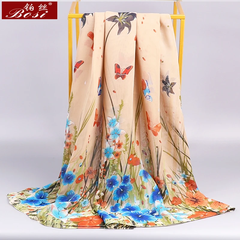 BOSI Chiffon Scarf  Woman Satin Long Scarves Flower Print Plaid butterfly Beach Luxury Brand ladies Hijab Head Stoles Spring