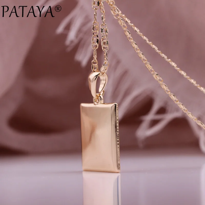 PATAYA New Hot Square Glossy Long Necklaces 585 Rose Gold Color Wedding Classic Simple Fashion Jewelry Retro Couples Pendants