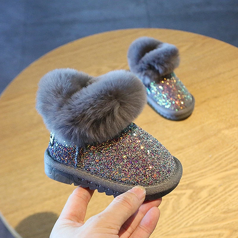 Claladoudou 12-18cm Baby Boy Shoes Winter PU Leather Boots Fur Out Side Boots For Baby Girl Snow Boots Gray Toddler Walkers