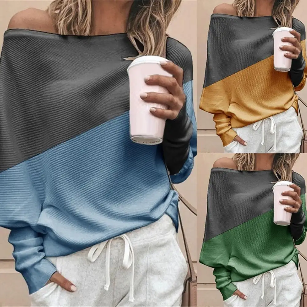 New Spring Autumn Women Sexy Color Block Off Shoulder Loose Long Sleeve T-Shirt Top футболка женская