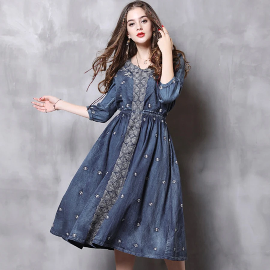 

TEELYNN V-neck denim dresses for women Autumn bule cotton ethnic Embroidery boho dress Elastic waist Gypsy dresses vestidos 2020