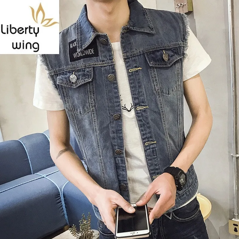 

Spring Mens Causal Vests Korean Fashion Slim Biker Punk Style Sleeveless Jacket Pattern Vintage Turn Down Collar Cardigan Male