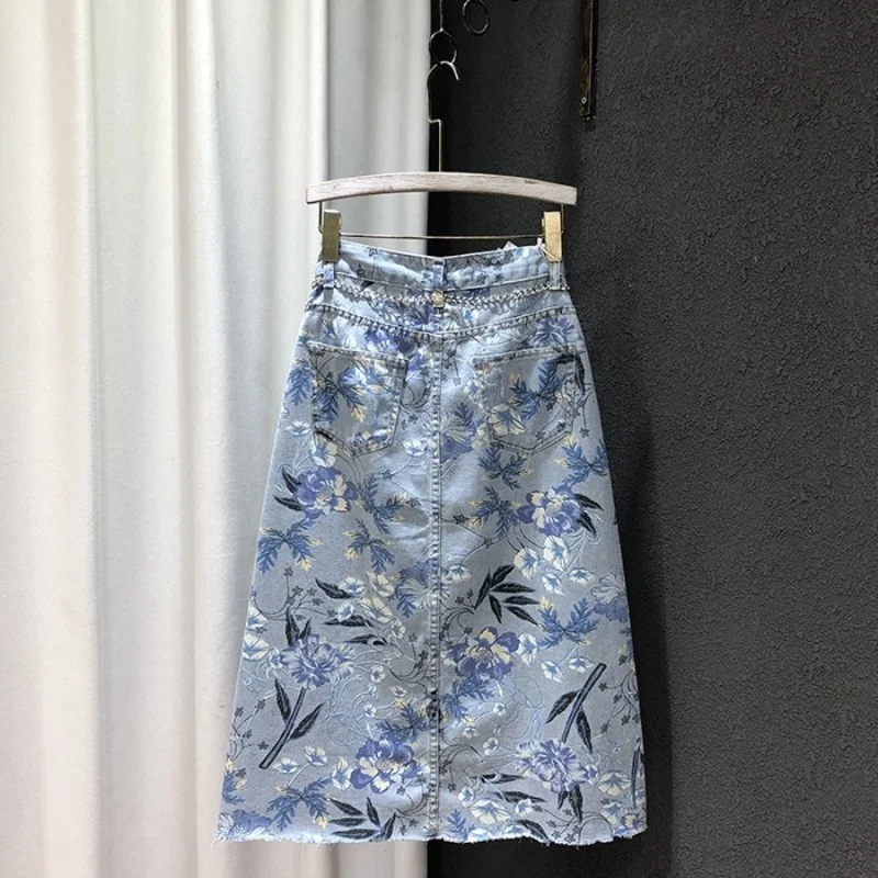 

Split Front Denim Skirts Women Summer Vintage Print High Waist A-Line Wrap Skirts Fashion Chains Sashes Floral Mid Skirt S-XL