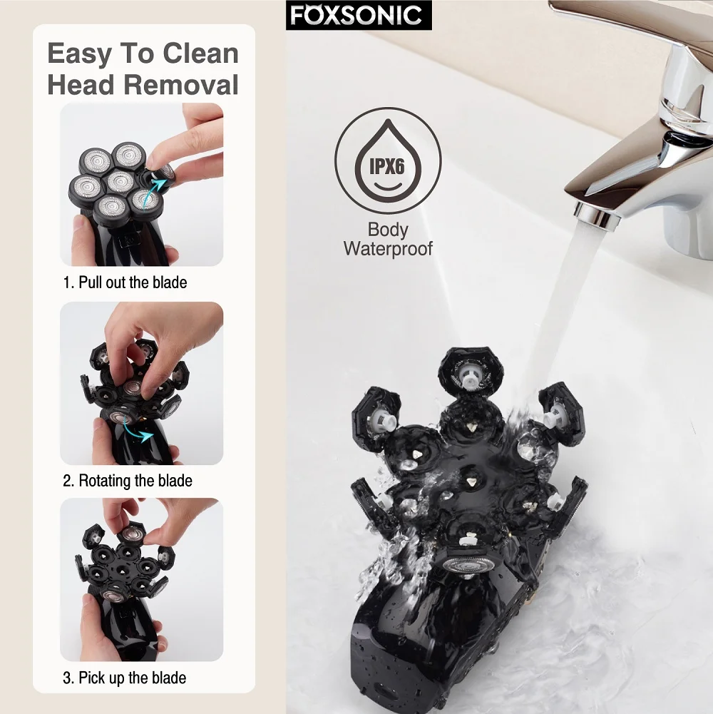 FOXSONIC Alat Cukur Pria 7D Independen 7 Pisau Kepala Mengambang Tahan Air Pisau Cukur Listrik Pemangkas Jenggot Untuk Pria