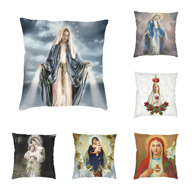 Virgin Mary Poster Our Lady Of Grace Cushion Covers 45x45cm Velvet Christian Religious Pillow Case for Sofa Living Room Decor