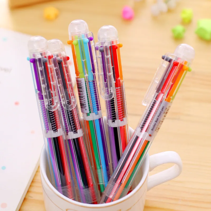 100pcs/set Six In One Coloes Ball Pen Korea Creative Cute Multicolor Click Pen Multifunctional Office Stationery