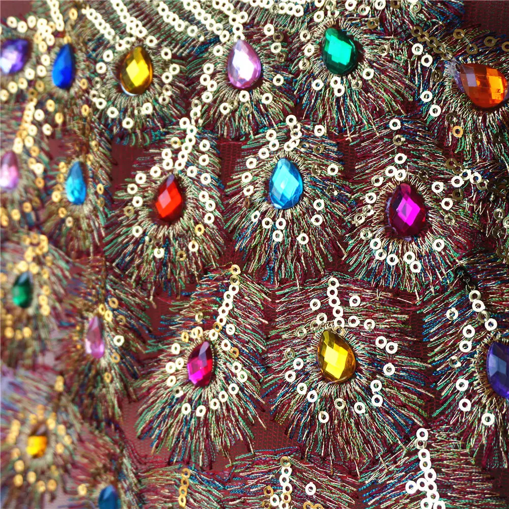 Sequin Peacock Rainbow Rhinestone Feather Tail Embroidered Gown Appliques Lace Fabric Red Mesh Sew Patch For Wedding Decoration