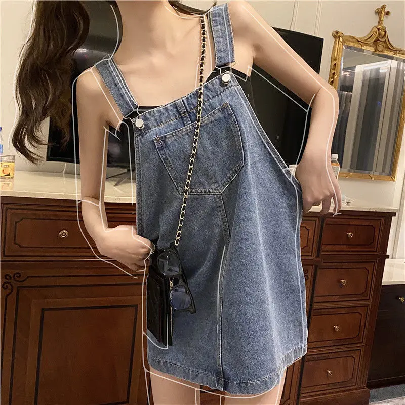 ผู้หญิงฤดูร้อน Vintage Denim ตรงนักเรียน All-Match สปาเก็ตตี้ Retro เกาหลีหวาน Leisure Sundress แขนกุด Chic