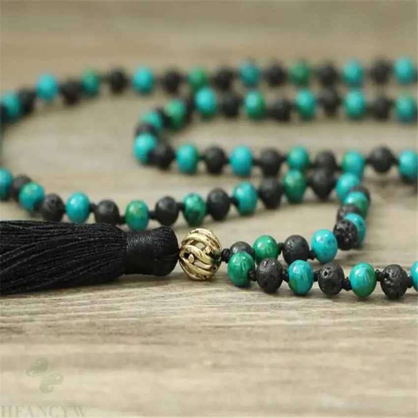 6mm Turquoise lava Gemstone 108 Beads Tassels Mala Necklace  Meditation spirituality Wrist MONK Unisex Buddhism yoga DIY Health