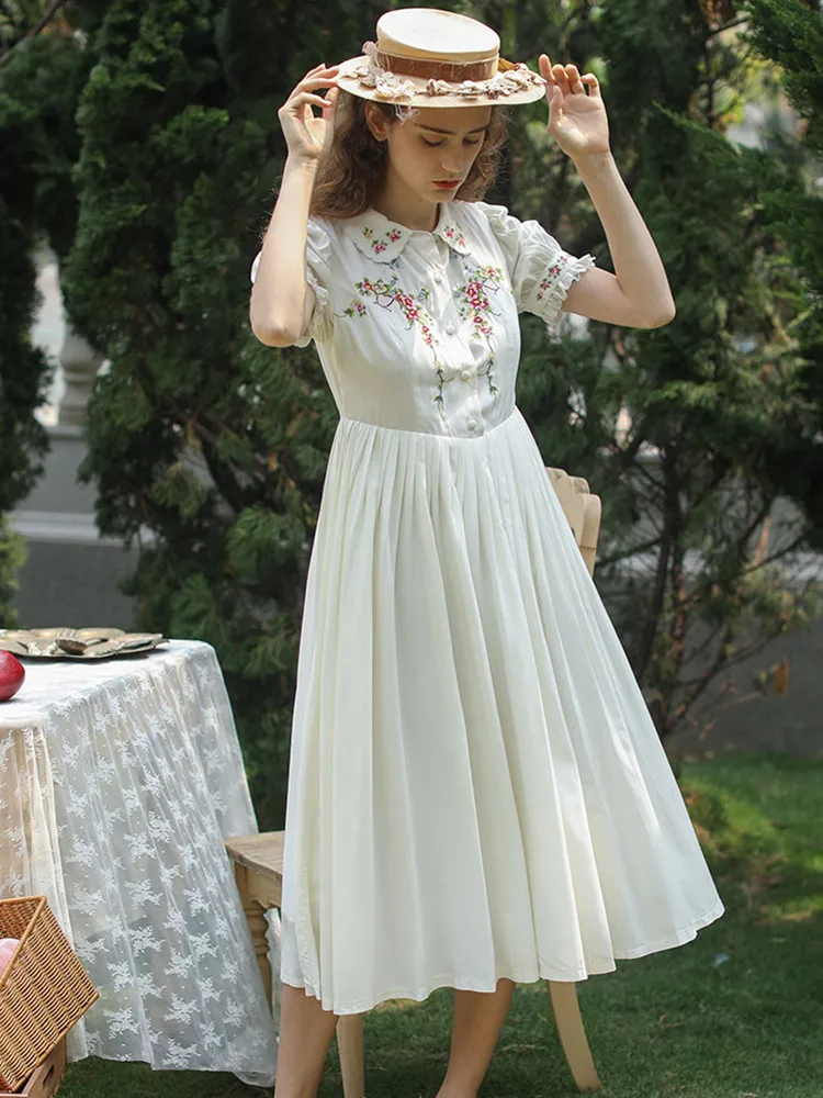 White Dress Spring Summer Women Vintage Elegant Slim Cross Stitch Embroidery Pleated Cotton Midi Dresses Woman Korean Dress