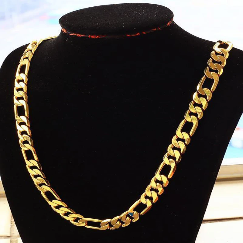 pure gold color men chain necklace jewelry,plated 24k Gold 10mm heavry figaro chain necklace for men 20” 22\