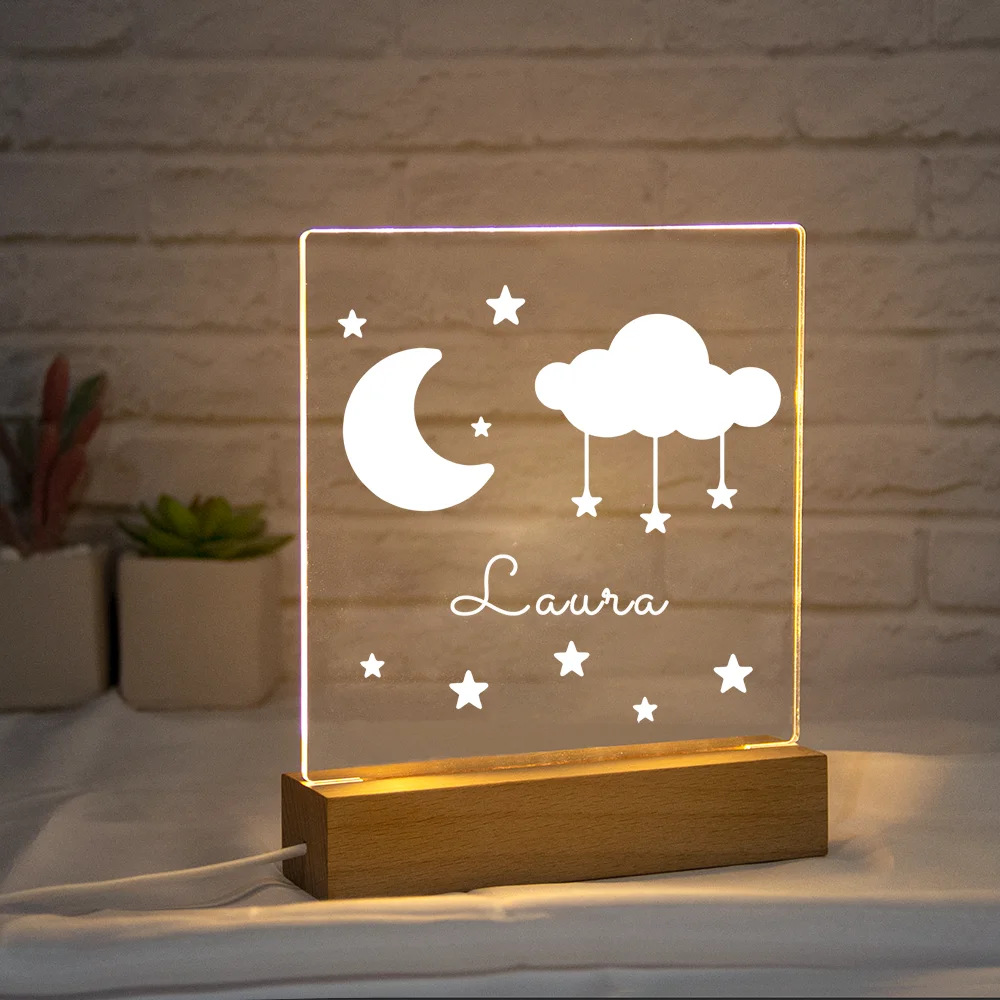 Personalized Moon And Stars Nightlight USB Customized Name 3D Lamp Christmas Decoration Bedroom Toys For Children Birthday Gift