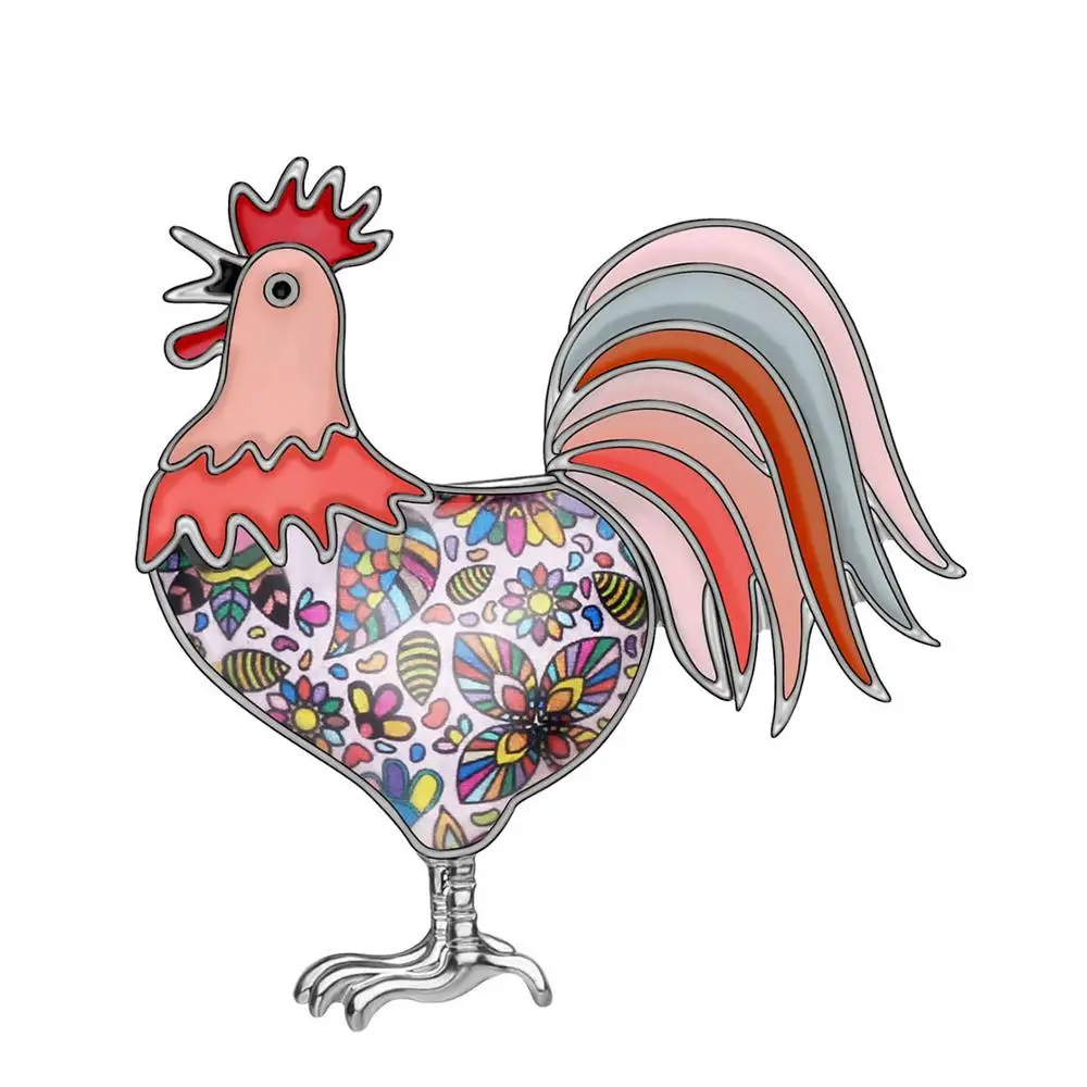 Bonsny Enamel Alloy Floral Rooster Fowl Chicken Brooches Clothes Scarf Pin Animal Jewelry For Women Girls Teens Party Gift Bulk