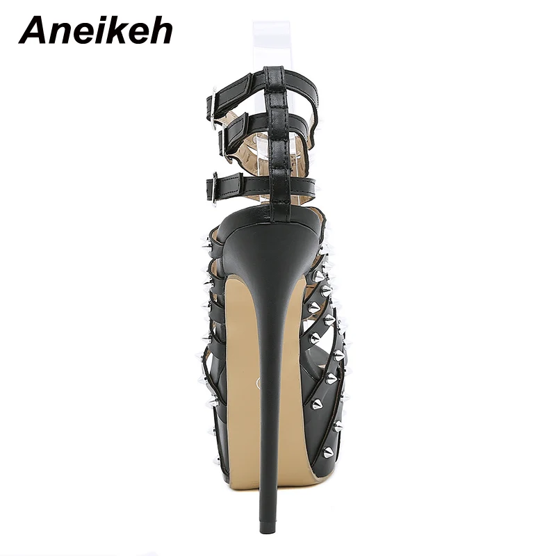 Aneikeh Gladiator Rivet Women High Sandals Summer Sexy Stripper 2024 17.5CM Thin Heels Shoes Platform Fashion Narrow Band Pumps