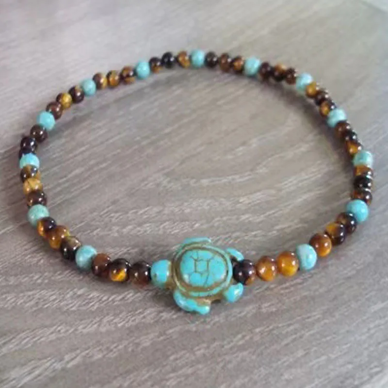 Turtle Turquoise Foot Bracelet Tiger Eye Stone Anklets Men Women Handmade Beach Anklets Evil Eye Ankle Bracelet