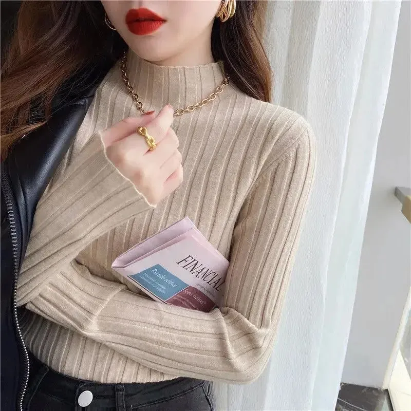 Pullover Ribbed Knitted Sweater Autumn Winter Clothes Women 2021 High Neck Long Sleeve Slim Basic Woman Sweaters Tops