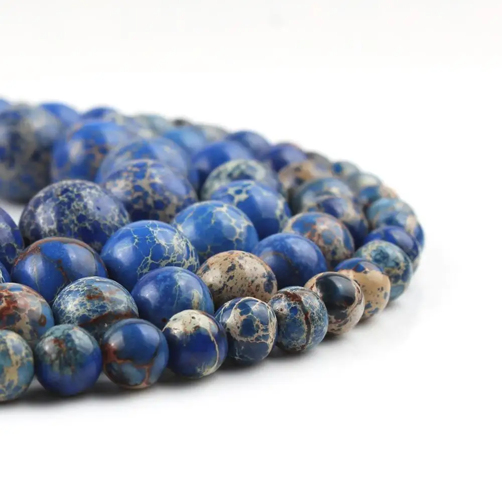 Natural Stone Beads Blue Sea Sediment Jaspers Round Loose Beads For Jewelry Making 15.5\