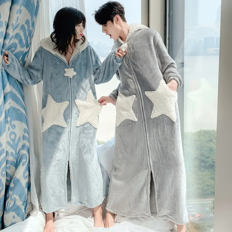 Autumn And Winter Lovely Big Stars Flannel Nightgown Lady Coral Velvet Couple Sleepwear Big Size Novelty Long Style Home Wear