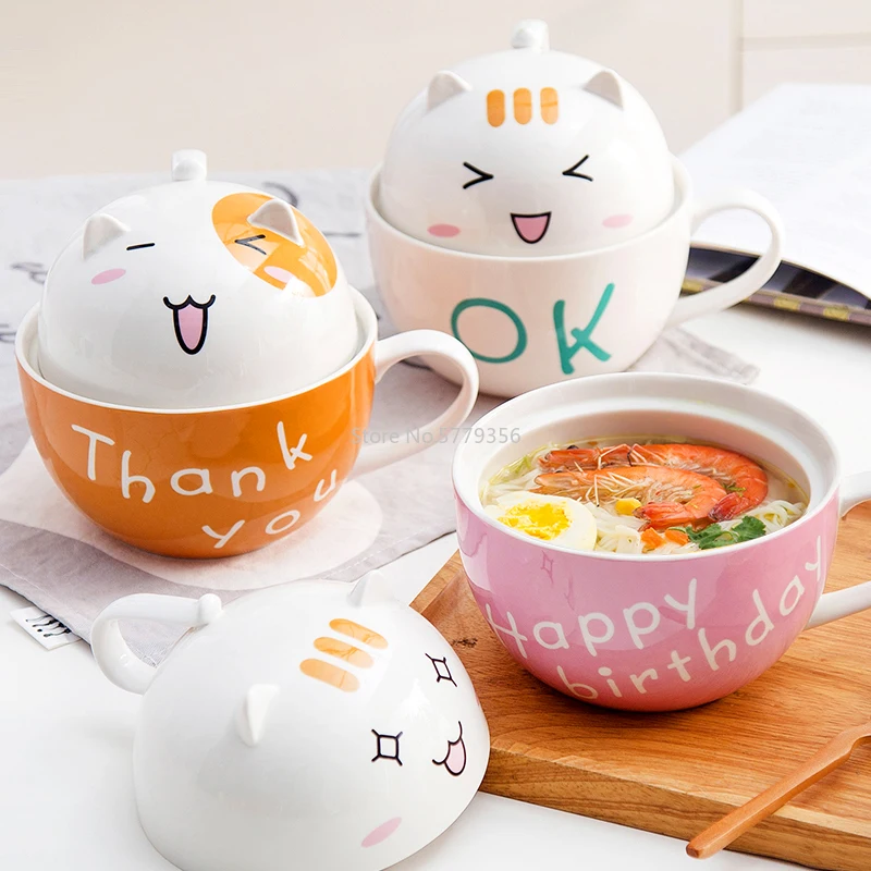 

Kawaii Cat Pattern Ceramic Instant Ramen Bowl with Lid Cute Cartoon Noodle Fruit Salad Soup Bowl Anti-scalding Kitchen Tableware