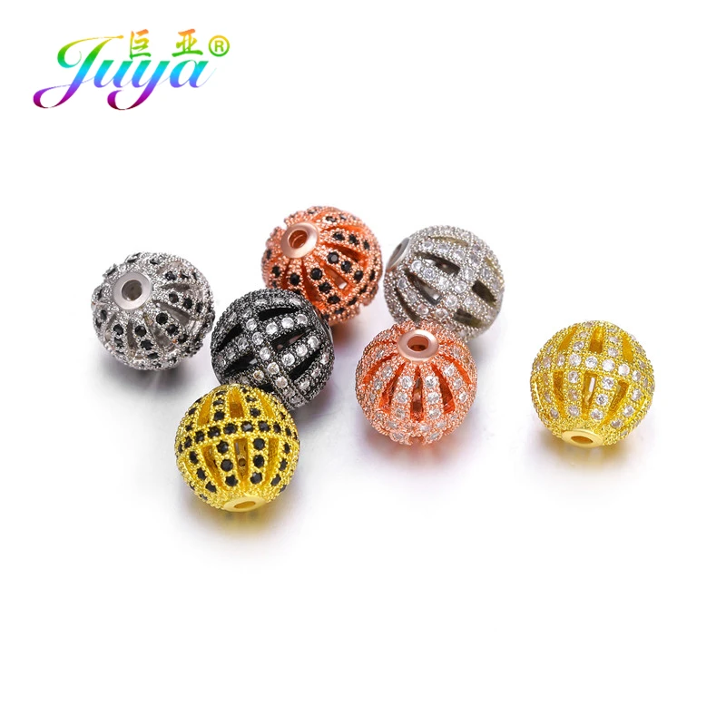 Juya DIY Metal Ball Beads Supplies Micro Pave Hollow Ball Charm Beads For Women Natural Stones Bracelets Earrings Jewelry Making