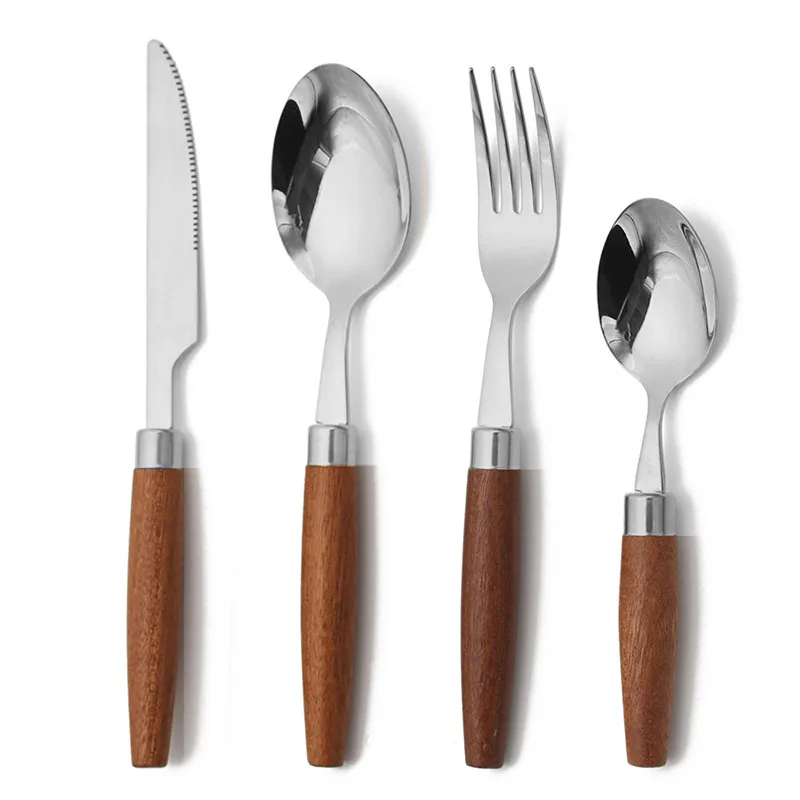 Jaswehome 4pcs Western Stainless Steel Dining Table Silverware Set Wooden Handle Dinner Fork Steak knife Soup Spoons Tableware