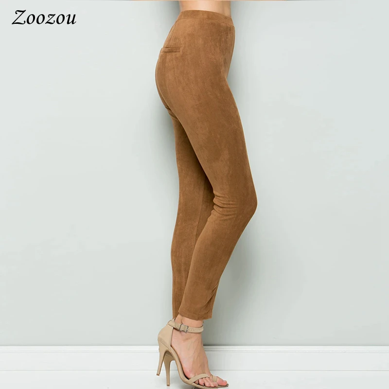 Women\'s Skinny Slim Suede Leggings, Soft Pencil Pants Capris, Monochromatic Stretch Trousers, Lady Elastic Bodycon Suede Pant,