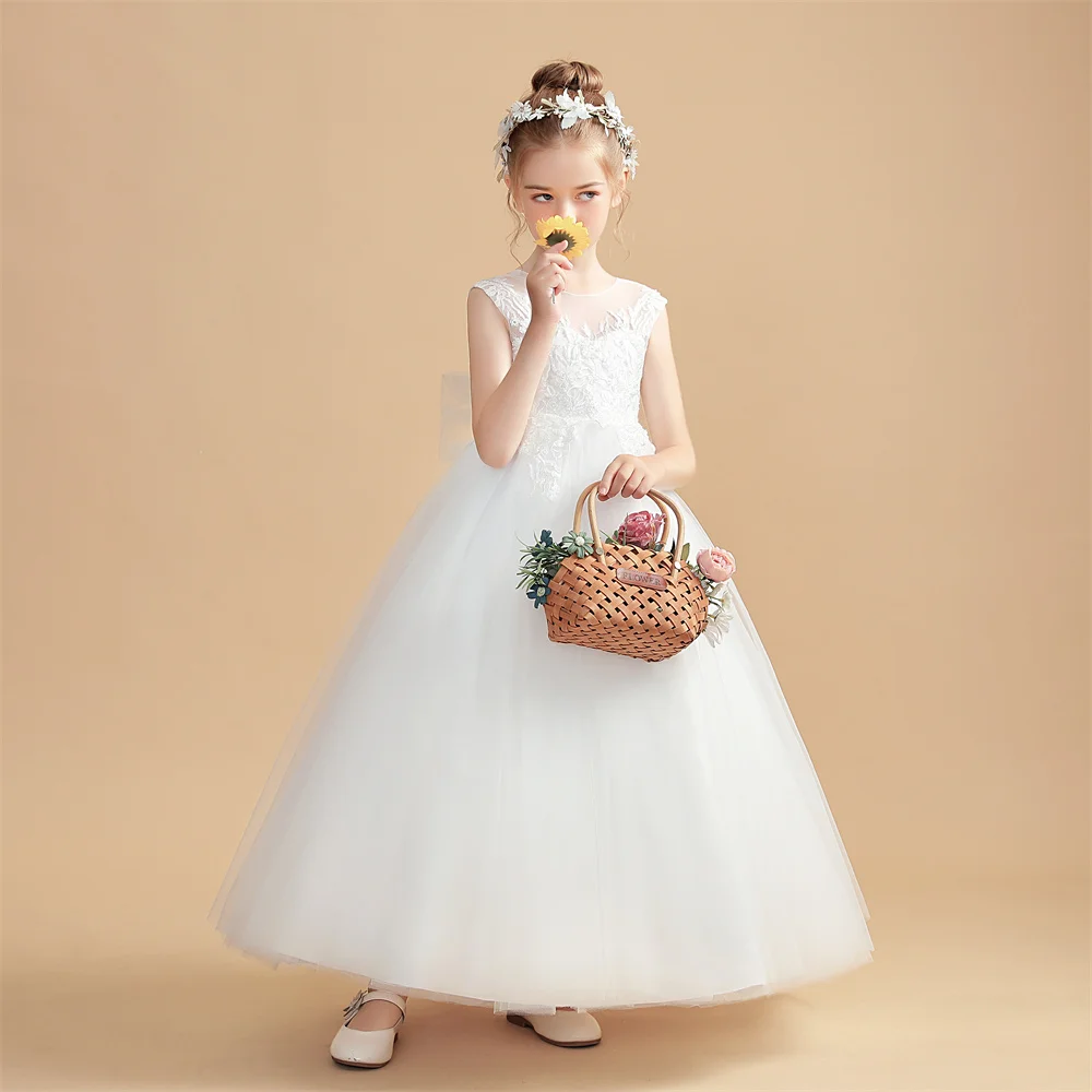 Flower Cô Gái Váy Cho Đám Cưới Lần Đầu Dresses Ren Beading Đảng Prom Công Chúa Appliques Áo Trẻ Em Cuộc Thi 2-14Years