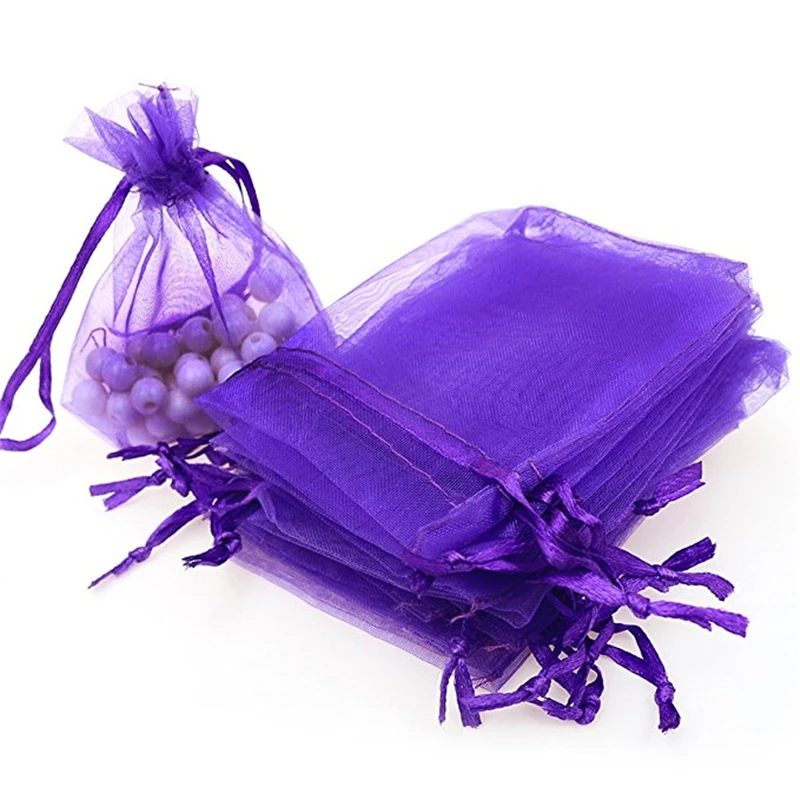 50pcs 7x9 9x12 10x15 13x18CM Purple Organza Gift Bags Jewelry Packaging Bags Wedding Party Decoration Drawable Bags Gift Pouches