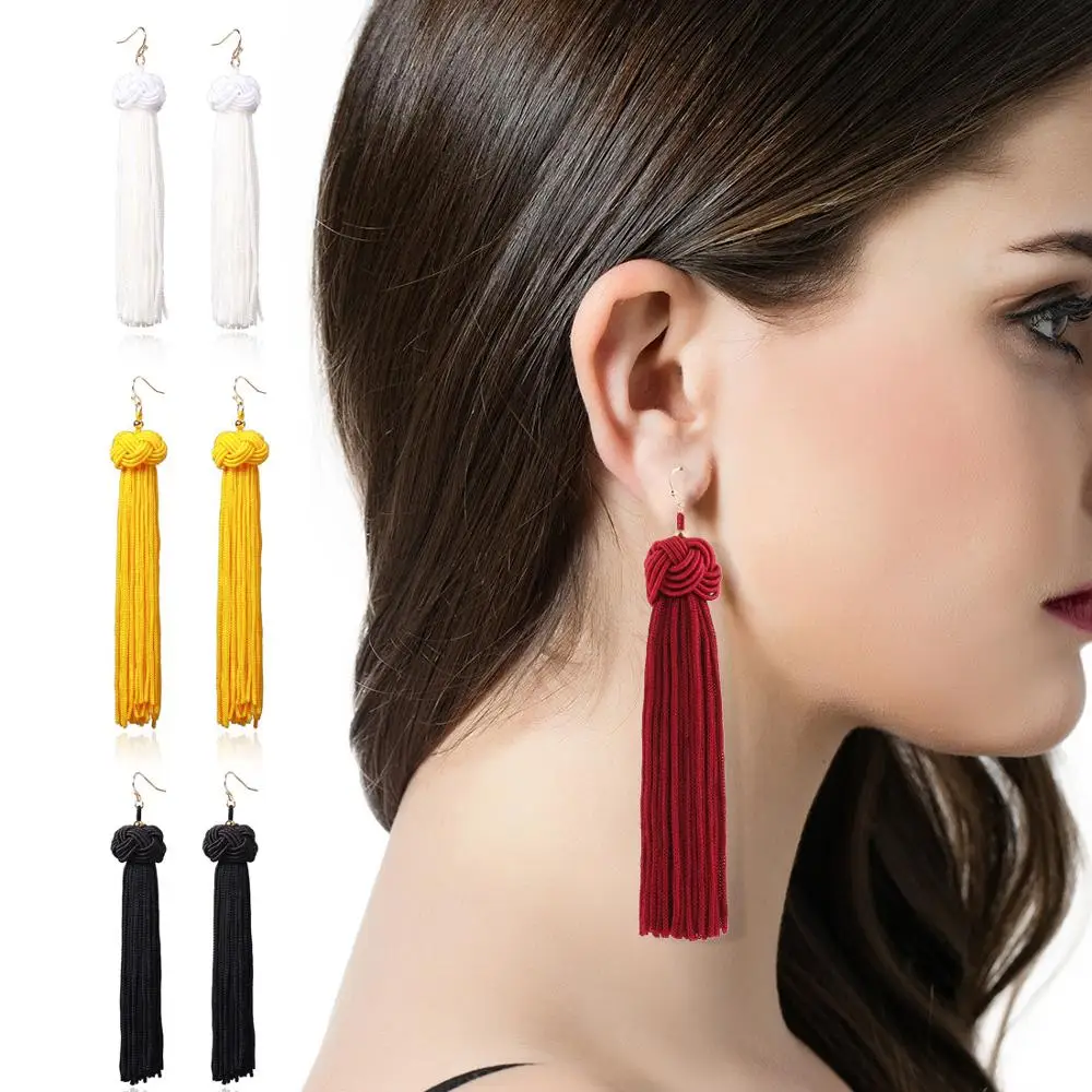 New Ethnic Tassel Dangle Earrings For Women Black Red Yellow Green Pink Long Cotton Drop Ear Hook 2021 Bohemian Jewelry Gifts