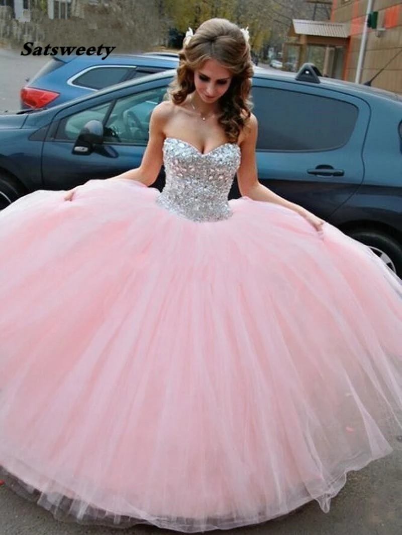 Vestidos 15 anos Pink Ball Gown Vestidos Quinceanera Querida Tule Debutante Doce 15 Anos Crystal Mint Prom Vestidos