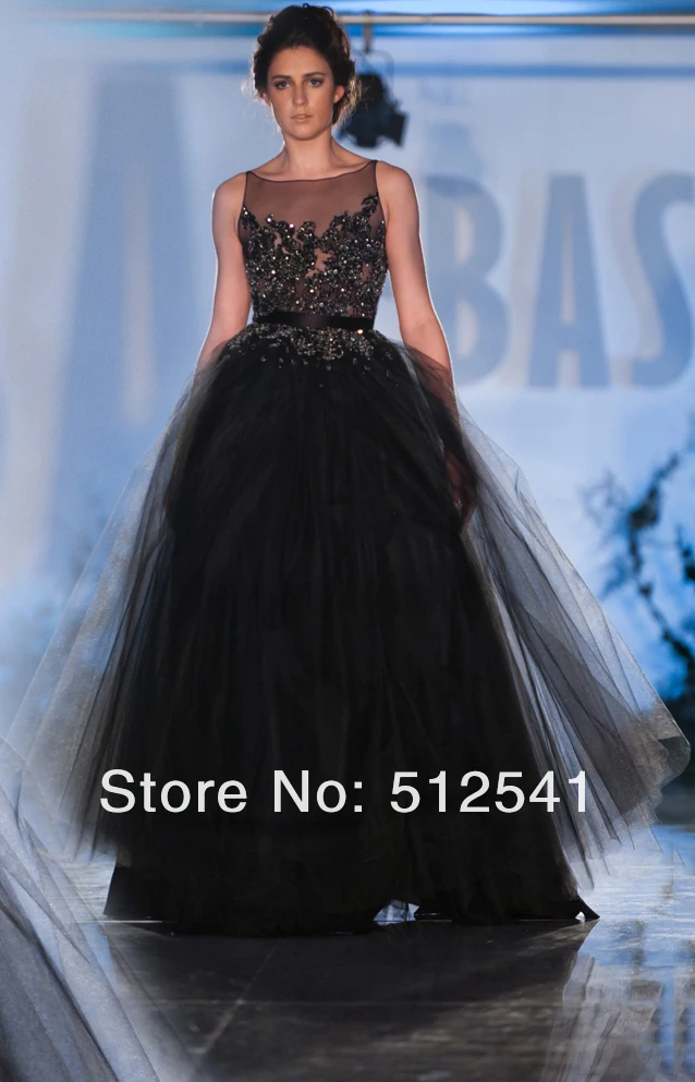 Chest Sheer Black Long Prom Dress A Line Sccop Ruffle Applique Beads Organza eveni g dresses 2019 New Arrive robe de soiree