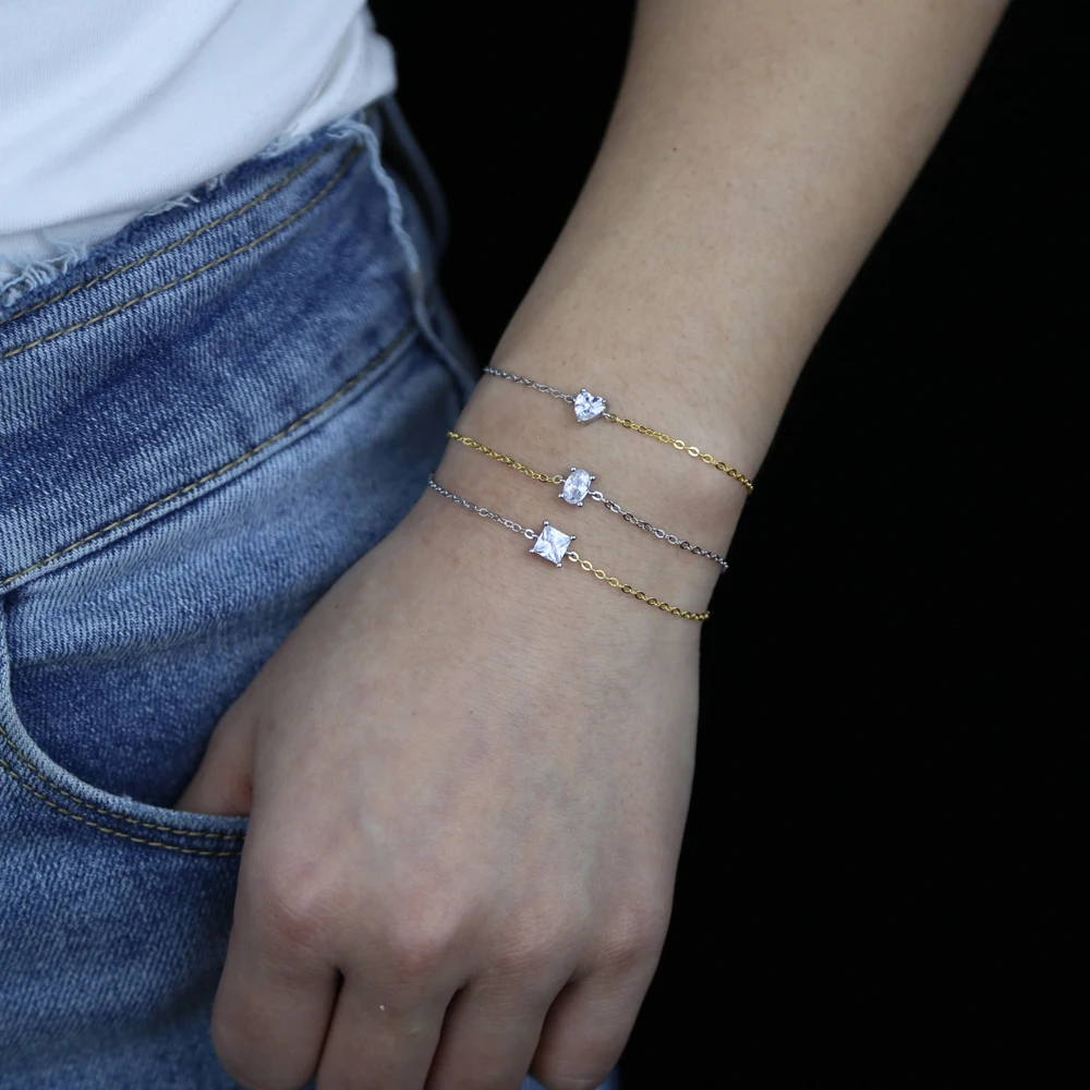 اثنين من لهجة الذهب والفضة سلسلة حساسة واحدة هندسية مكعب زركونيا أثار بلينغ 925 فضة الحد الأدنى سوار