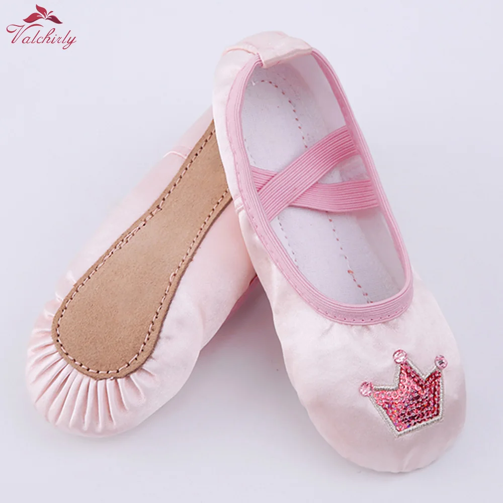 High Quality Girls Kids  Full Sole Ballet Shoes Satin Pointe Shoes Dance Slippers Ballerina Crown Sequins Decoration