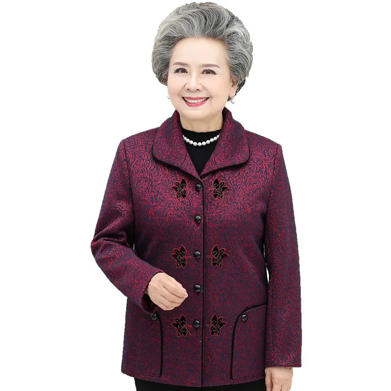 New Elderly Women Spring Autumn Coat Casual Long Sleeve Female Cardigan Tops Grandmothe Jacket Short Outerwear 5XL W2073