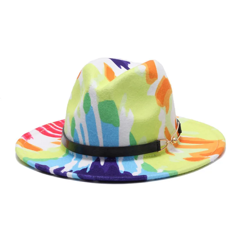 Colorful Printed fedora hat spring autumn new bright color woolen jazz hat men women felt hat tie-dye wool-like Panama hat