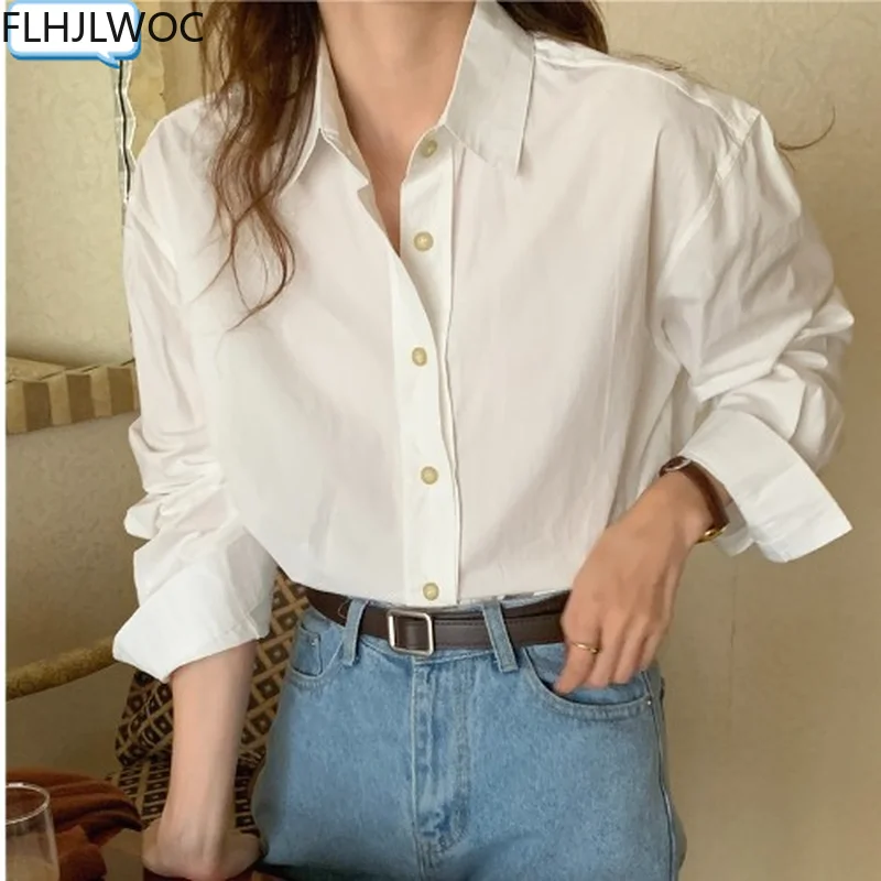 Korea Chic Fashion Clothes Women Office Lady Work Loose Lazy Blue White Solid Single Breated Button Boyfriend Shirts