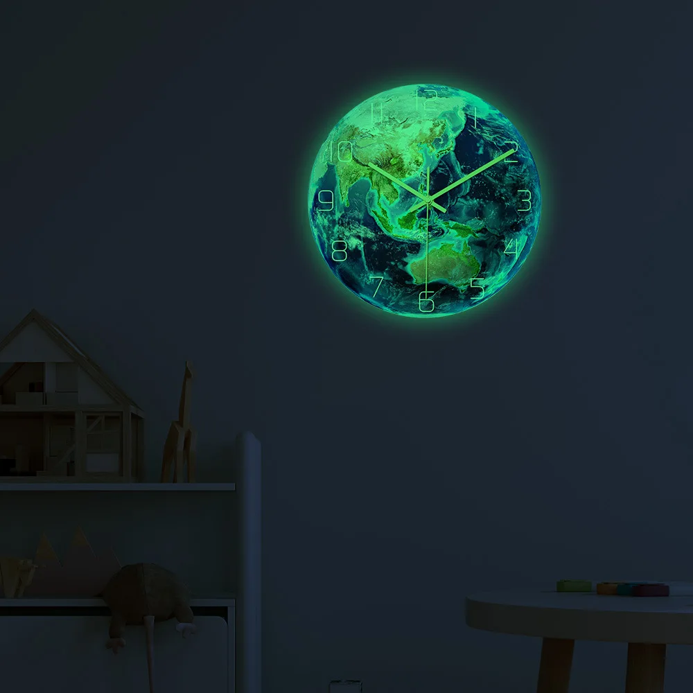 8d, Glowing Wall Clock, Mute Sweep, Luminous Earth Clock, Wall Clocks, Glow in the Dark, Wall Stickers for Kid Decor, Planets