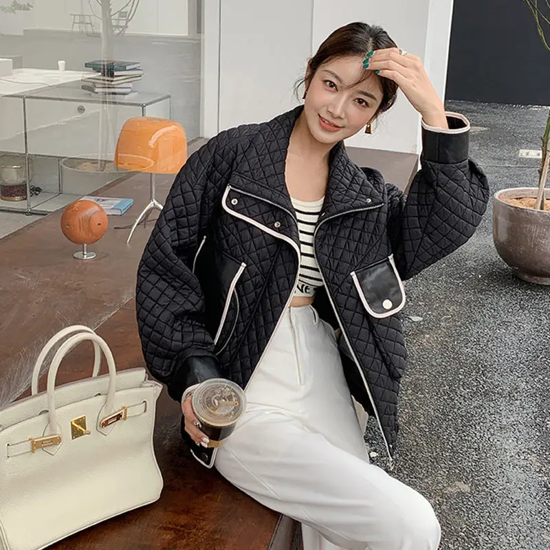 2024 winter new small fragrance wind ringed cotton-padded jacket down jacket women wear wind spell leather jacket light jacket