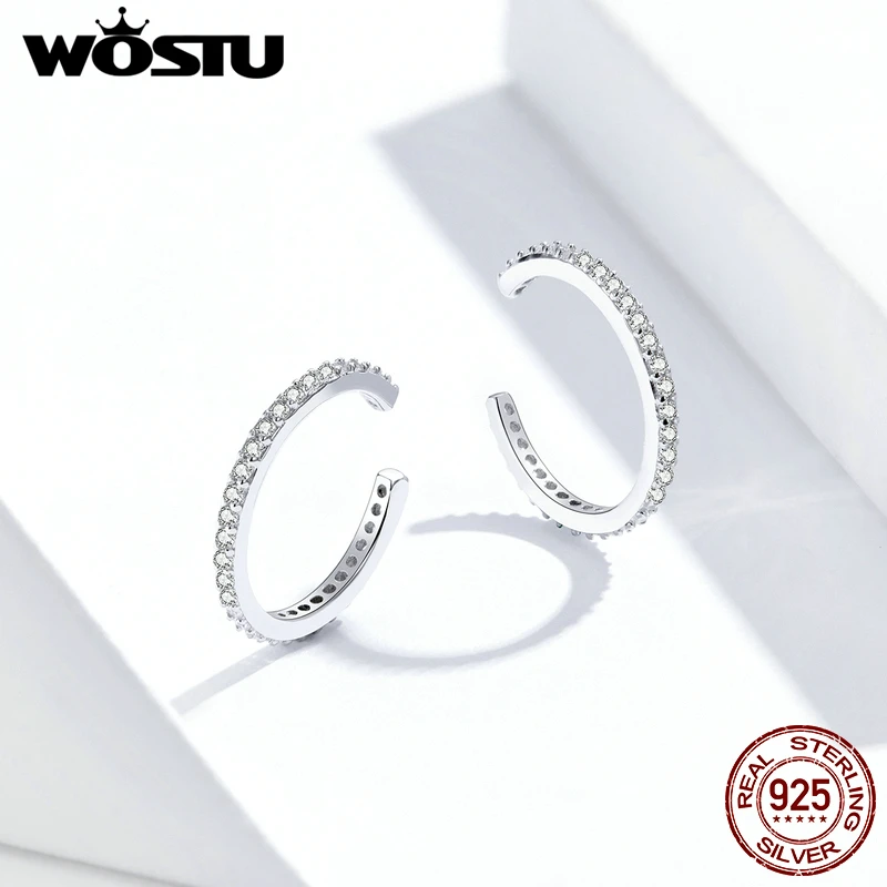 Wostu 925 Sterling Argento Del Polsino Dell'orecchio Orecchini a Clip Zircone Tondo Senza Piercing Orecchini per Le Donne Gioelleria Raffinata E Alla Moda CQE842 Pila