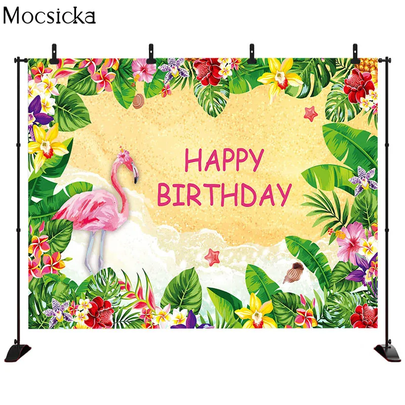 MOCSICKA 플라밍고 생일 배경 여름 열대 하와이 꽃 사진 배경 꽃 베이비 샤워 케이크 테이블 배너