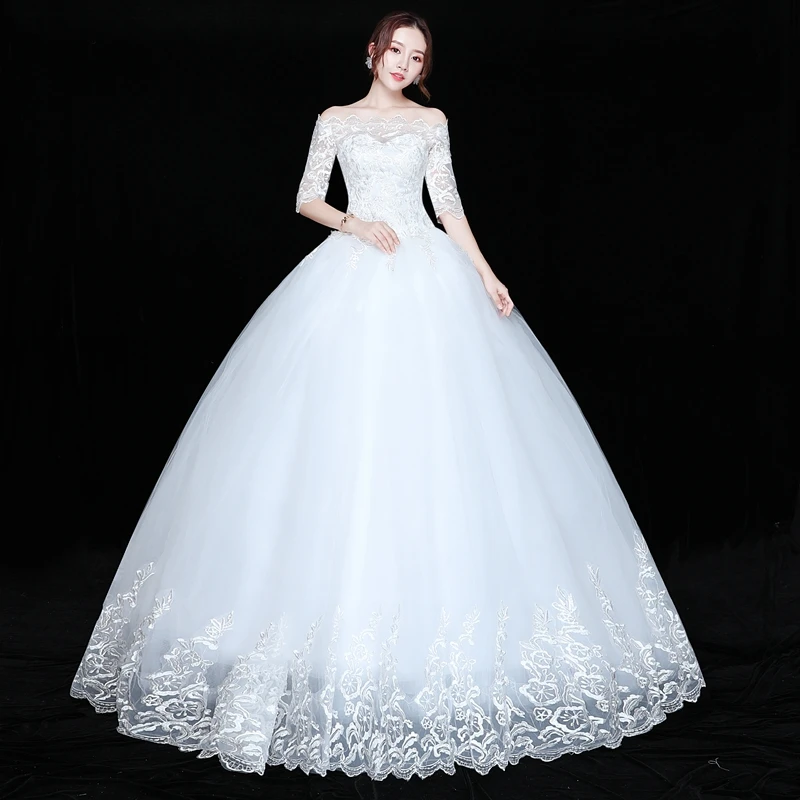 AnXin SH princess flower lace white vintage boat neck half sleeve turkey party bride white ruffles customized wedding dress