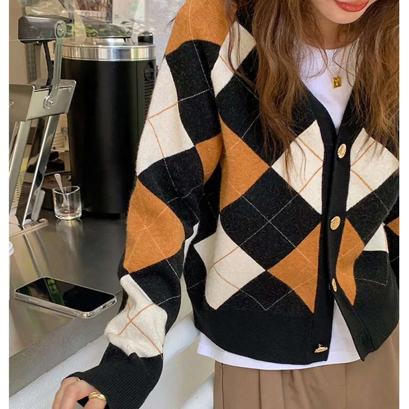 

Woman's Sweater Lady V-Neck Cardigan Patchwork Spliced Knit Diamond Pattern Preppy Style Ins Elegant School Look Business