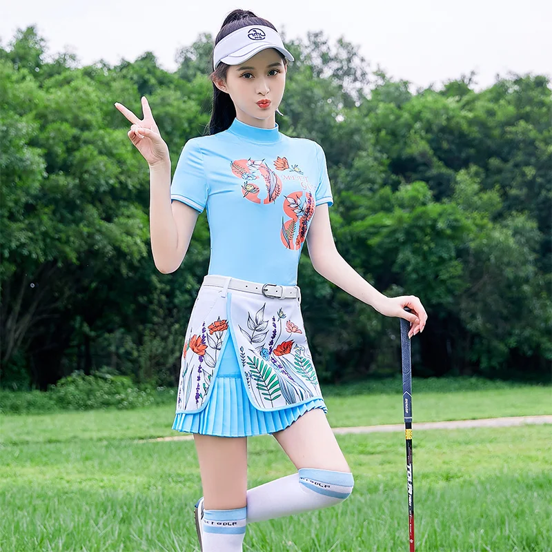 

MEET Women Set Clothing Lady Golf Short-Sleeved Shirt Butterfly Knot Clothes Slim Dry Fit Sportswear Printing Pleated Skirt MG