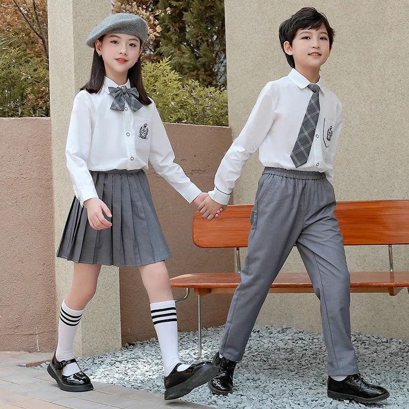 Estilo britânico uniforme escolar crianças camisa branca saia calças terno da escola primária do jardim de infância palco desempenho classe outfit