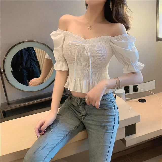 Blusa Francesa de Chiffon para Mulher Puff Sleeve Top Curto Casual Elegante Kawaii Sexy Roupa Coreana Moda Verao 2020