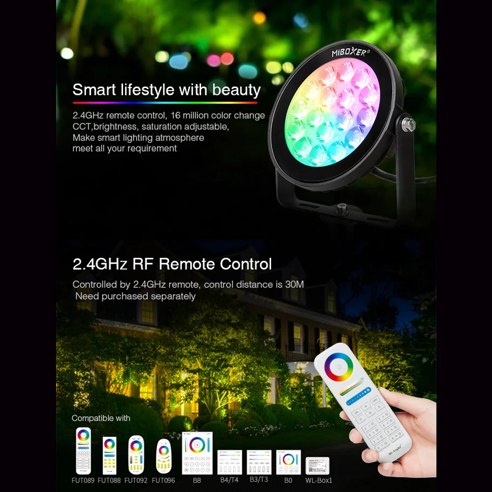 smart Outdoor 9W RGB+CCT LED Garden Light DC24V/AC100~240V IP66 Waterproof LED Lighting WiFi can Compatible 2.4G Wireless Remote