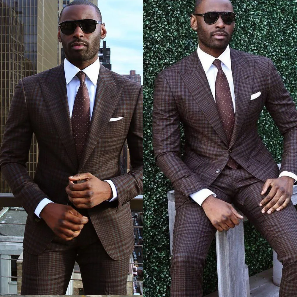 

2 Pcs Damier Check Wedding Tuxedos for Men Jacket Pants Two Buttons Groom Groomsmen Suit Mens' Business Formal Wear