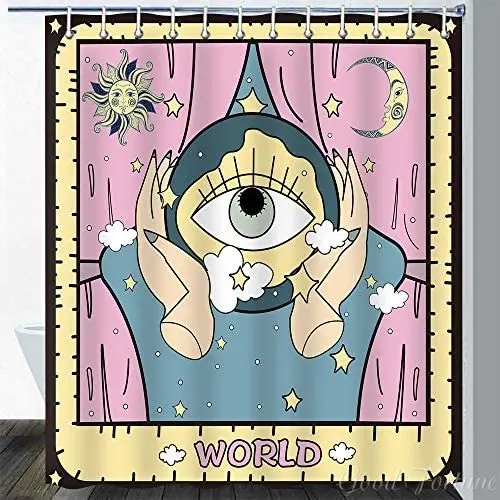 Tarot Card All Seeing Eye Witch Divination Hamsa Hand Pink Sun Moon Stars Clouds Art Colorful Abstract Shower Curtain