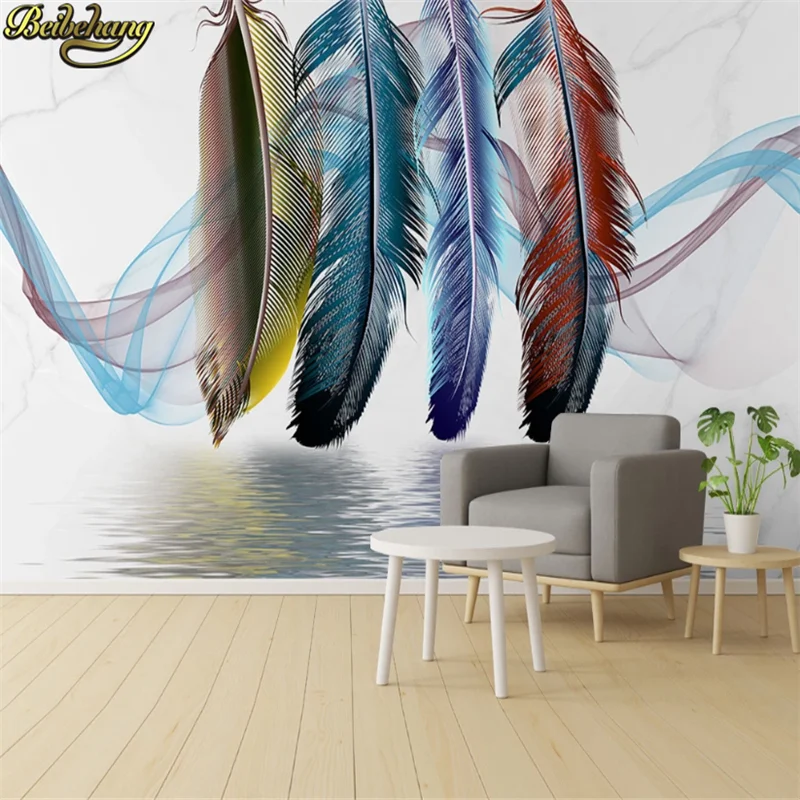 

beibehang custom papel de parede 3d room Colored feathers mural wallpaper for living room according square murals Home Decor